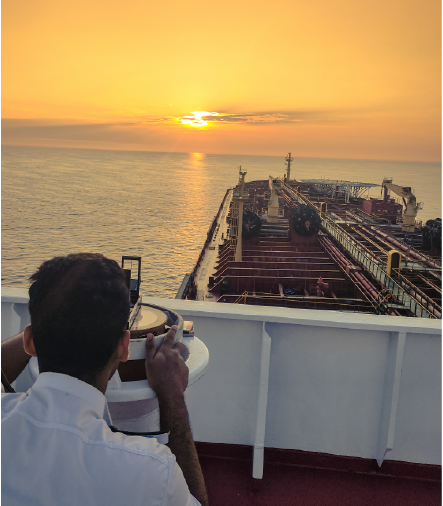 NauTutor co-founder and Merchant Navy officer Rahil navigating an oil tanker at sea – symbolizing real guidance from real sailors