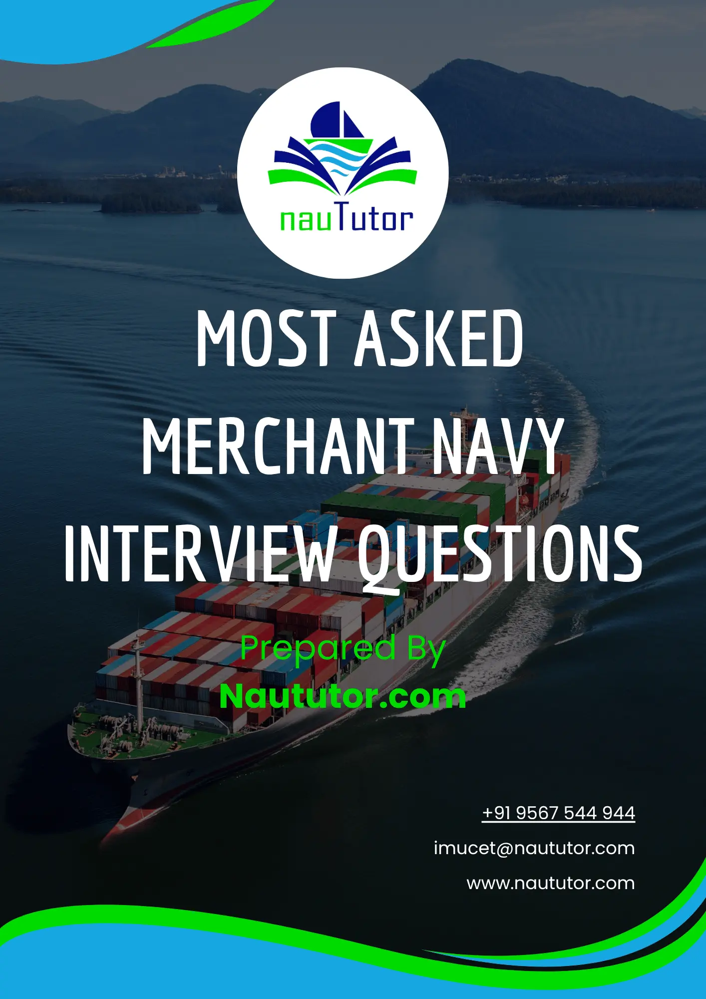 Cover image of Naututor's free PDF on most asked Merchant Navy interview questions, showing a container ship at sea.