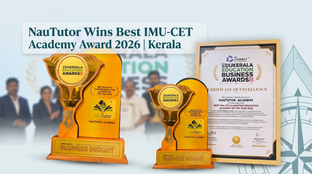 NauTutor Academy awarded Best IMU-CET and Maritime Education Academy of the Year 2026 trophy and certificate at EduKerala Business Awards